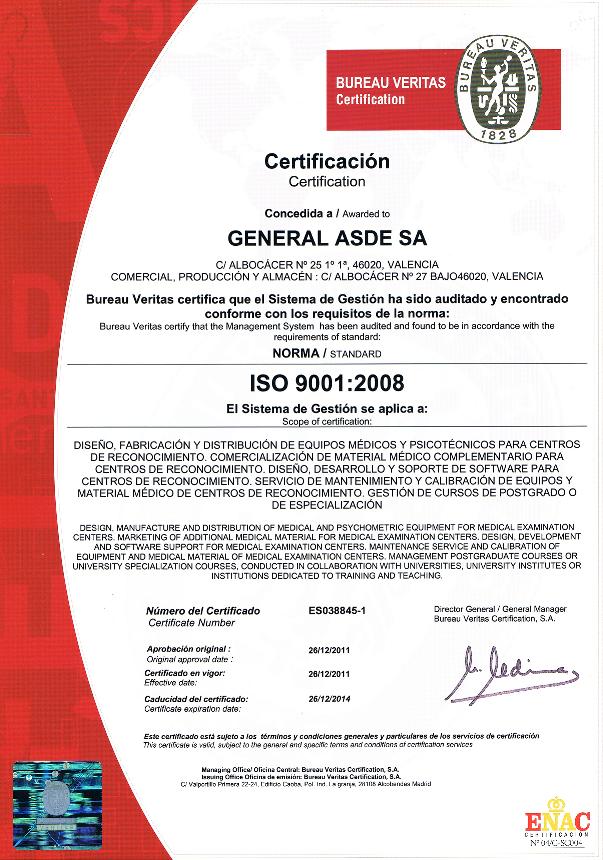 Certificación calidad ISO 9001 General ASDE